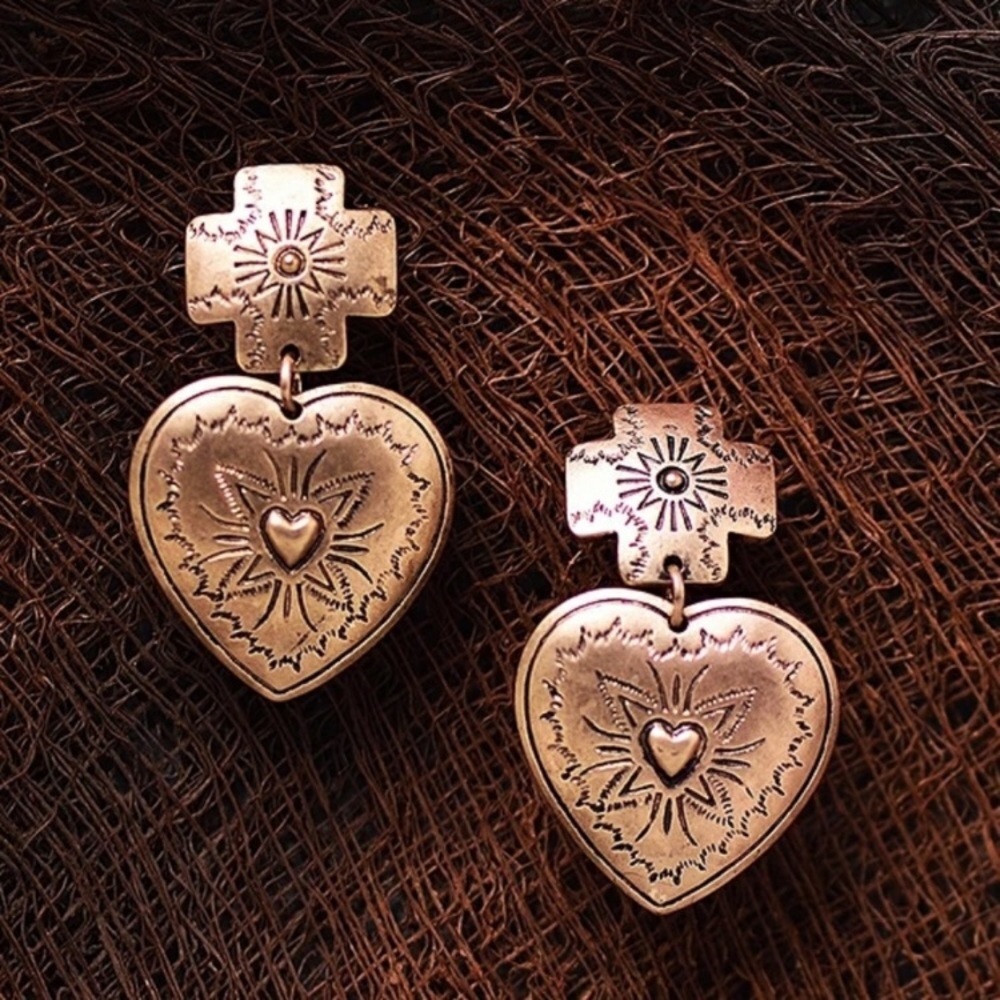 Aztec Heart & Cross Dangle Earrings - Picture 3 of 9